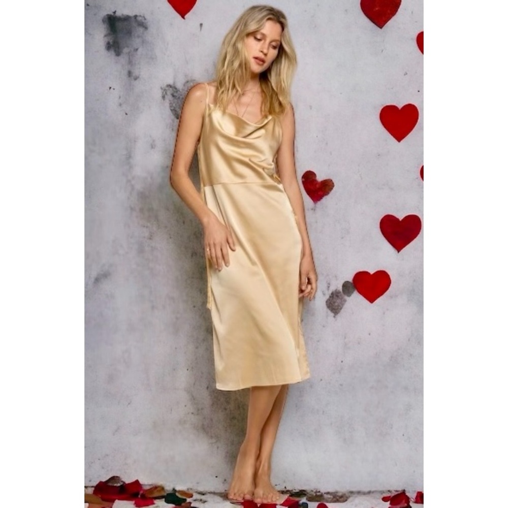 POL Gold Cowl Neck Satin Midi Slip Dress